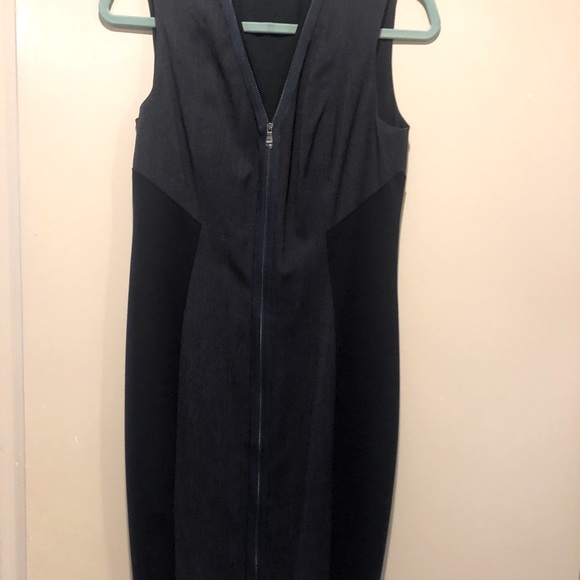 Sleeveless stretch denim scuba dress by Tahari - Picture 1 of 8